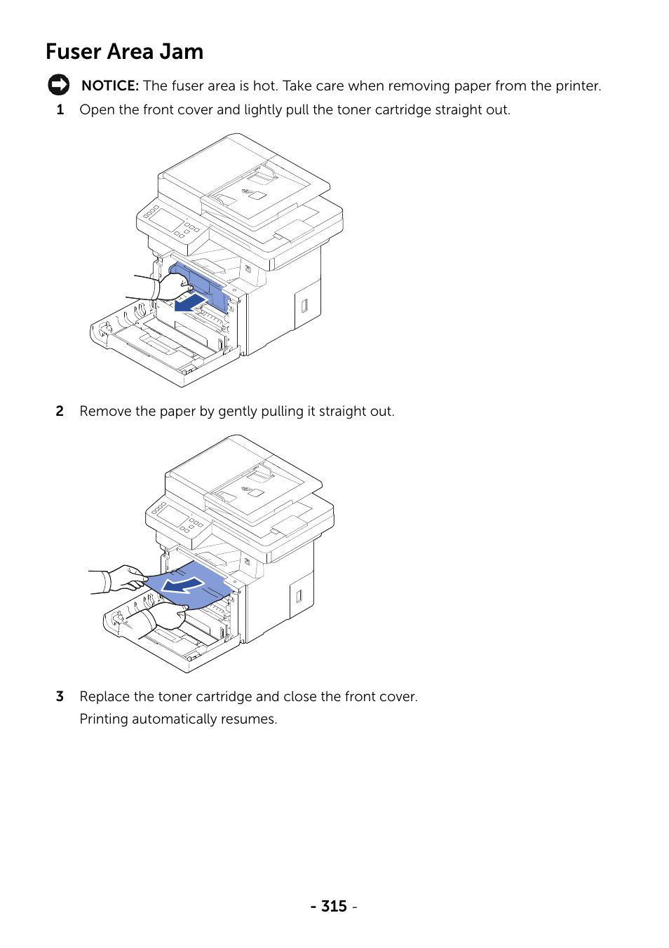 Fuser area jam | Dell B2375dfw Mono Multifunction Printer User Manual | Page 316 / 359