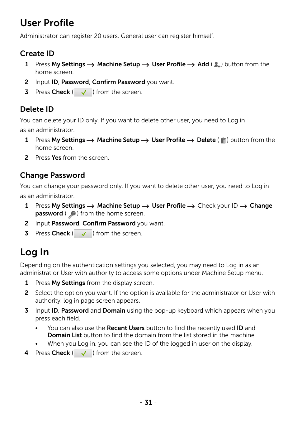 User profile, Log in | Dell B2375dfw Mono Multifunction Printer User Manual | Page 32 / 359