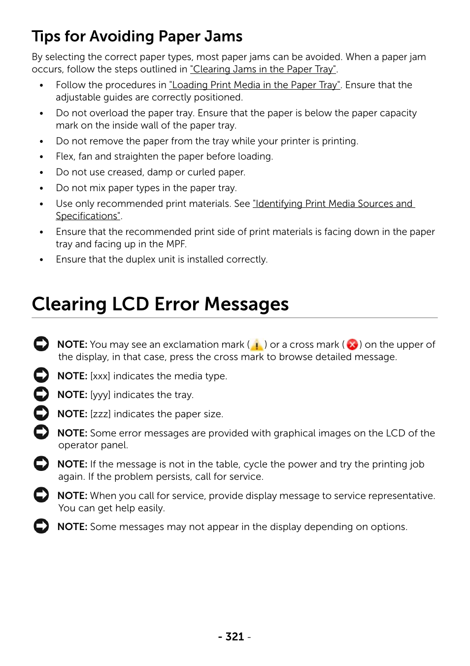 Tips for avoiding paper jams, Clearing lcd error messages | Dell B2375dfw Mono Multifunction Printer User Manual | Page 322 / 359