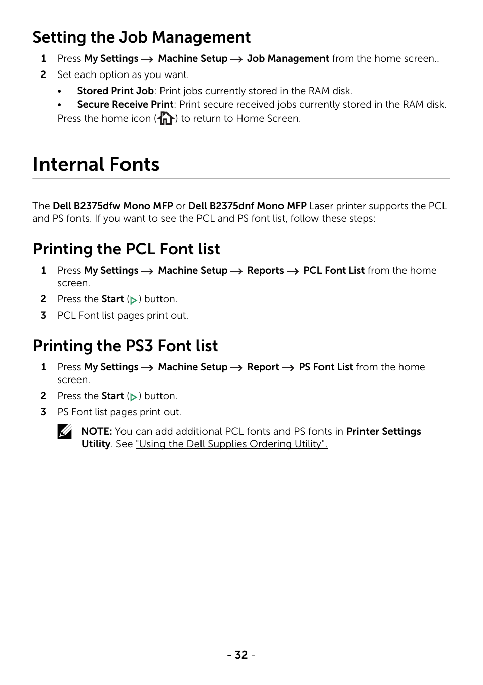 Setting the job management, Internal fonts, Printing the pcl font list | Printing the ps3 font list | Dell B2375dfw Mono Multifunction Printer User Manual | Page 33 / 359