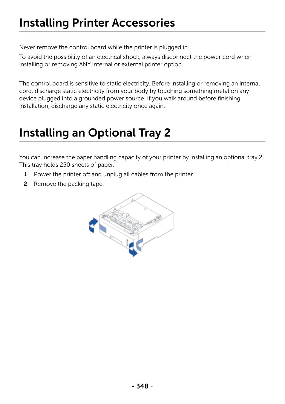 Installing printer accessories, Installing an optional tray 2, See"installing an optional tray 2 | Dell B2375dfw Mono Multifunction Printer User Manual | Page 349 / 359