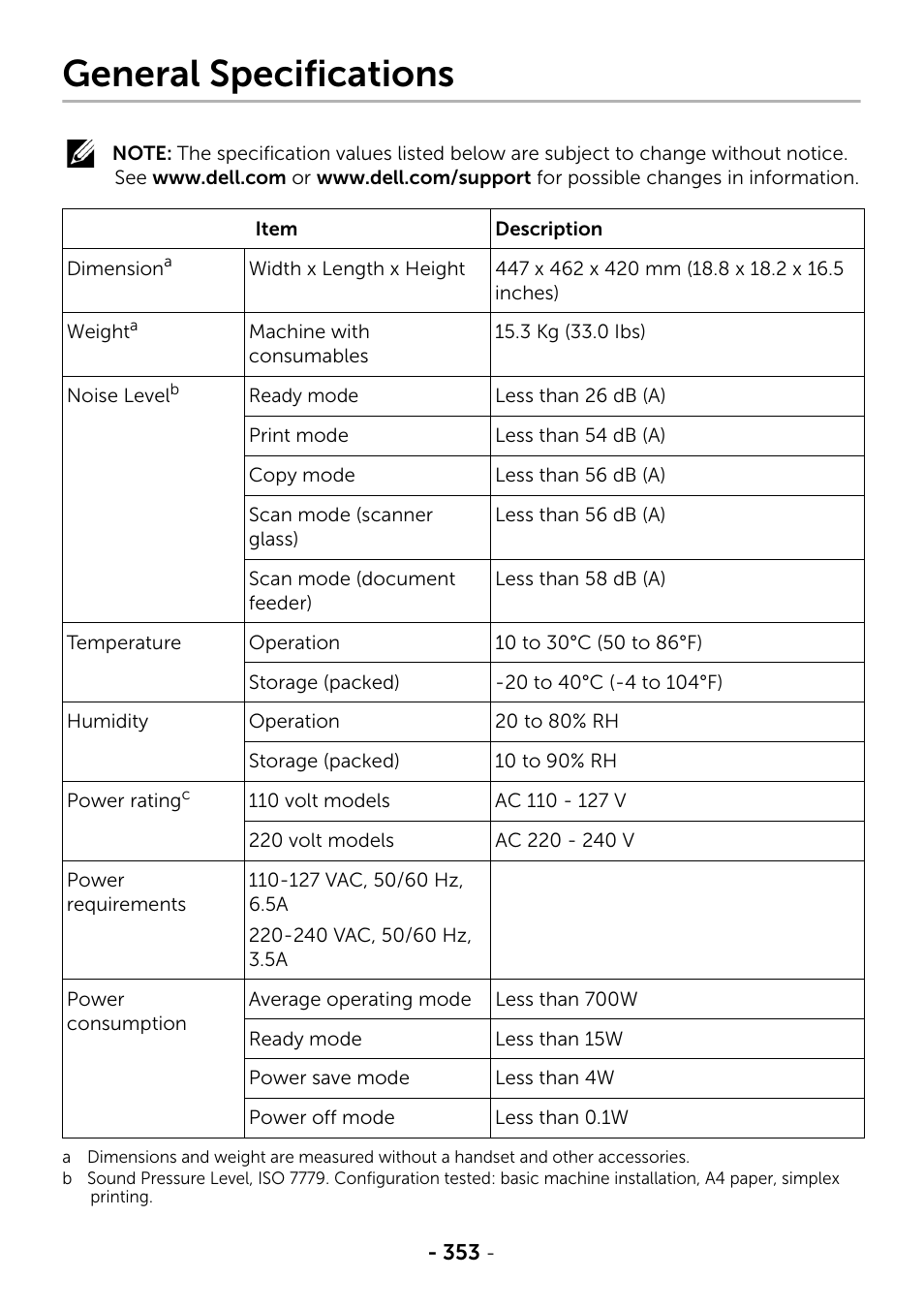 General specifications | Dell B2375dfw Mono Multifunction Printer User Manual | Page 354 / 359