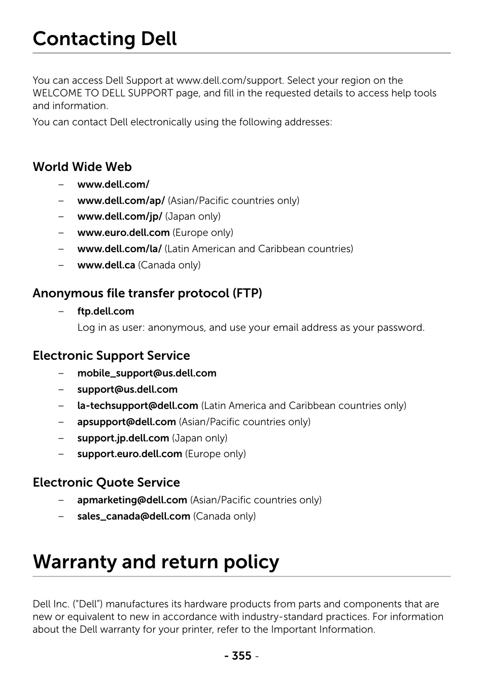 Contacting dell, Warranty and return policy | Dell B2375dfw Mono Multifunction Printer User Manual | Page 356 / 359