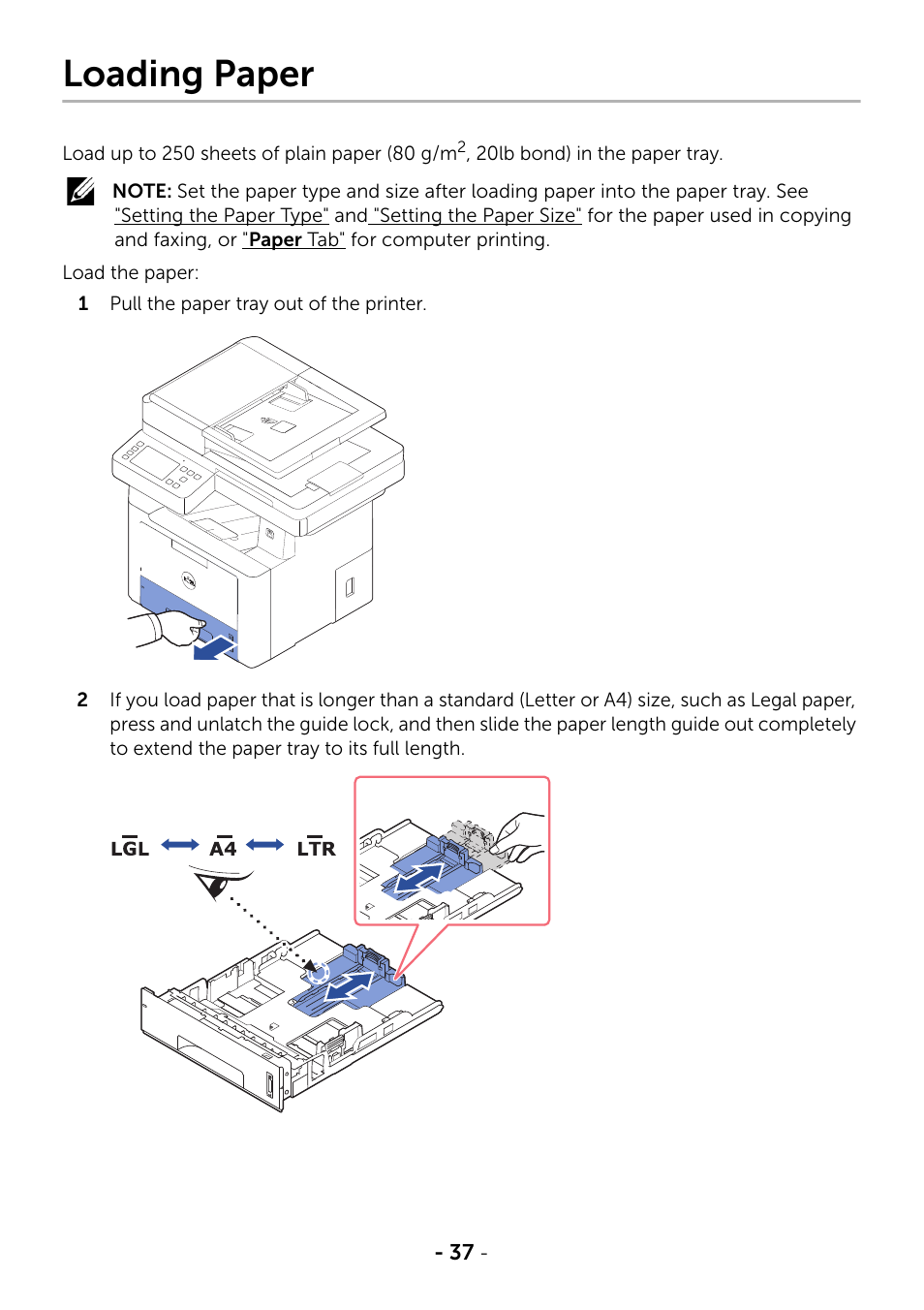 Loading paper | Dell B2375dfw Mono Multifunction Printer User Manual | Page 38 / 359