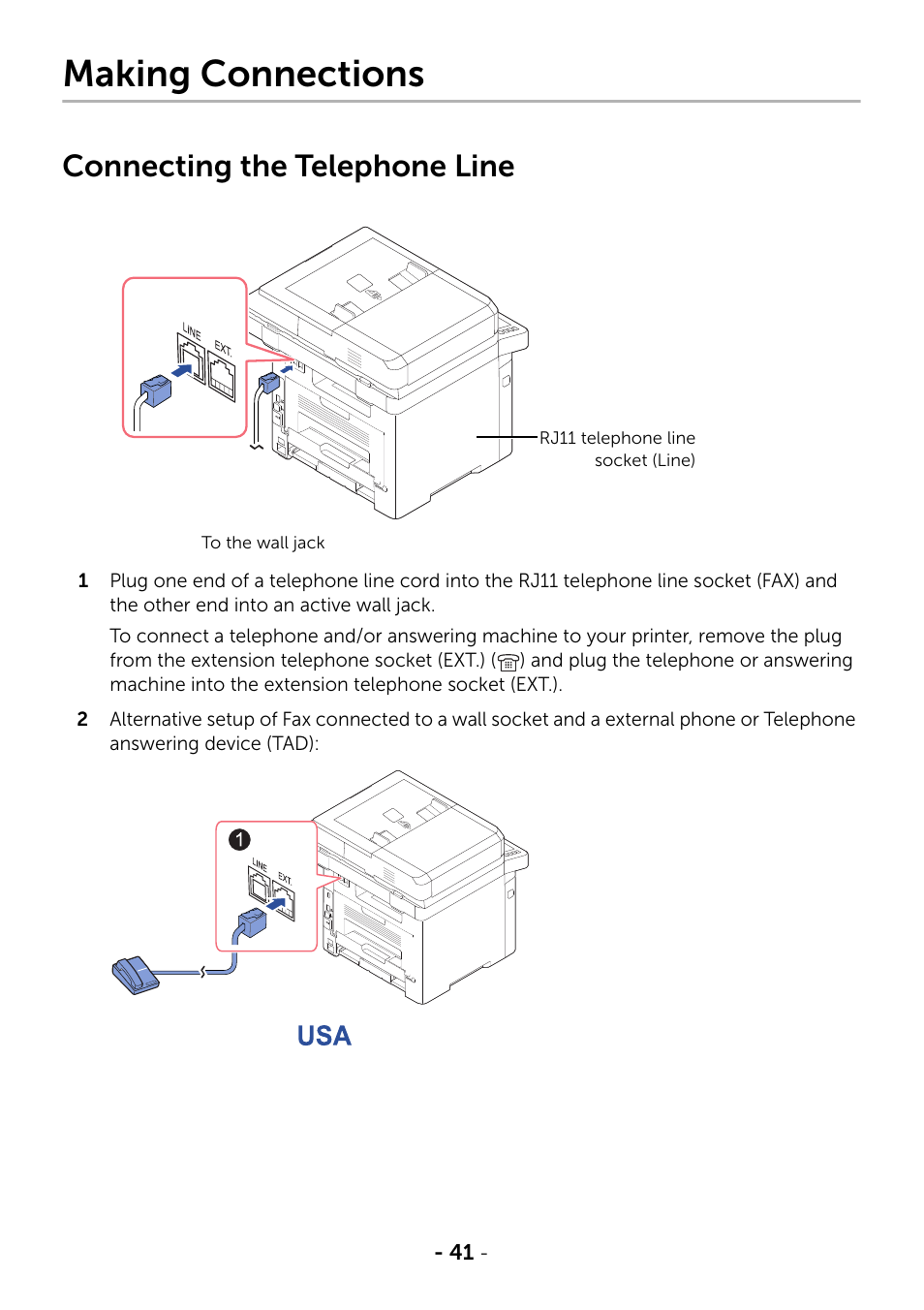 Making connections, Connecting the telephone line | Dell B2375dfw Mono Multifunction Printer User Manual | Page 42 / 359