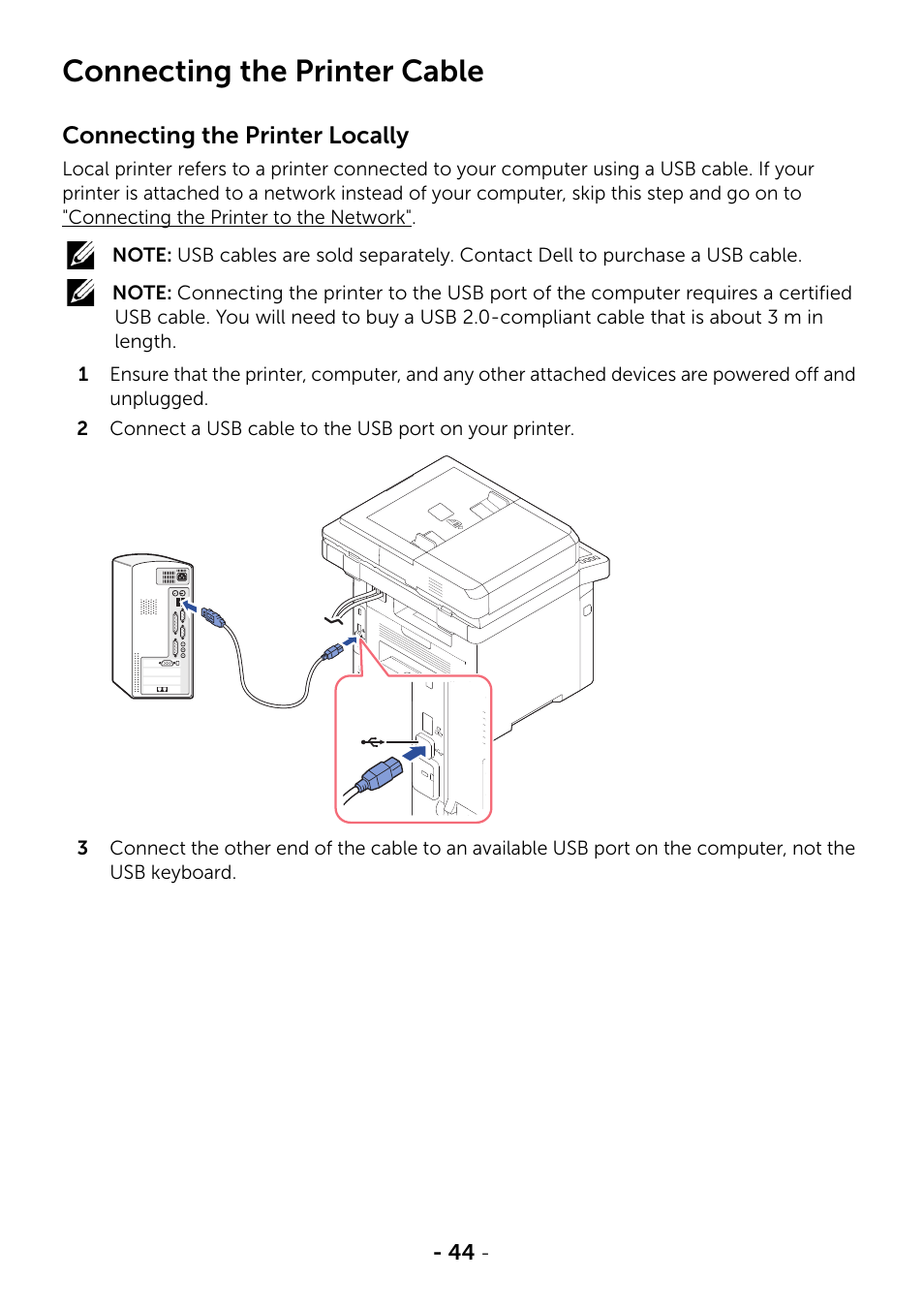 Connecting the printer cable | Dell B2375dfw Mono Multifunction Printer User Manual | Page 45 / 359