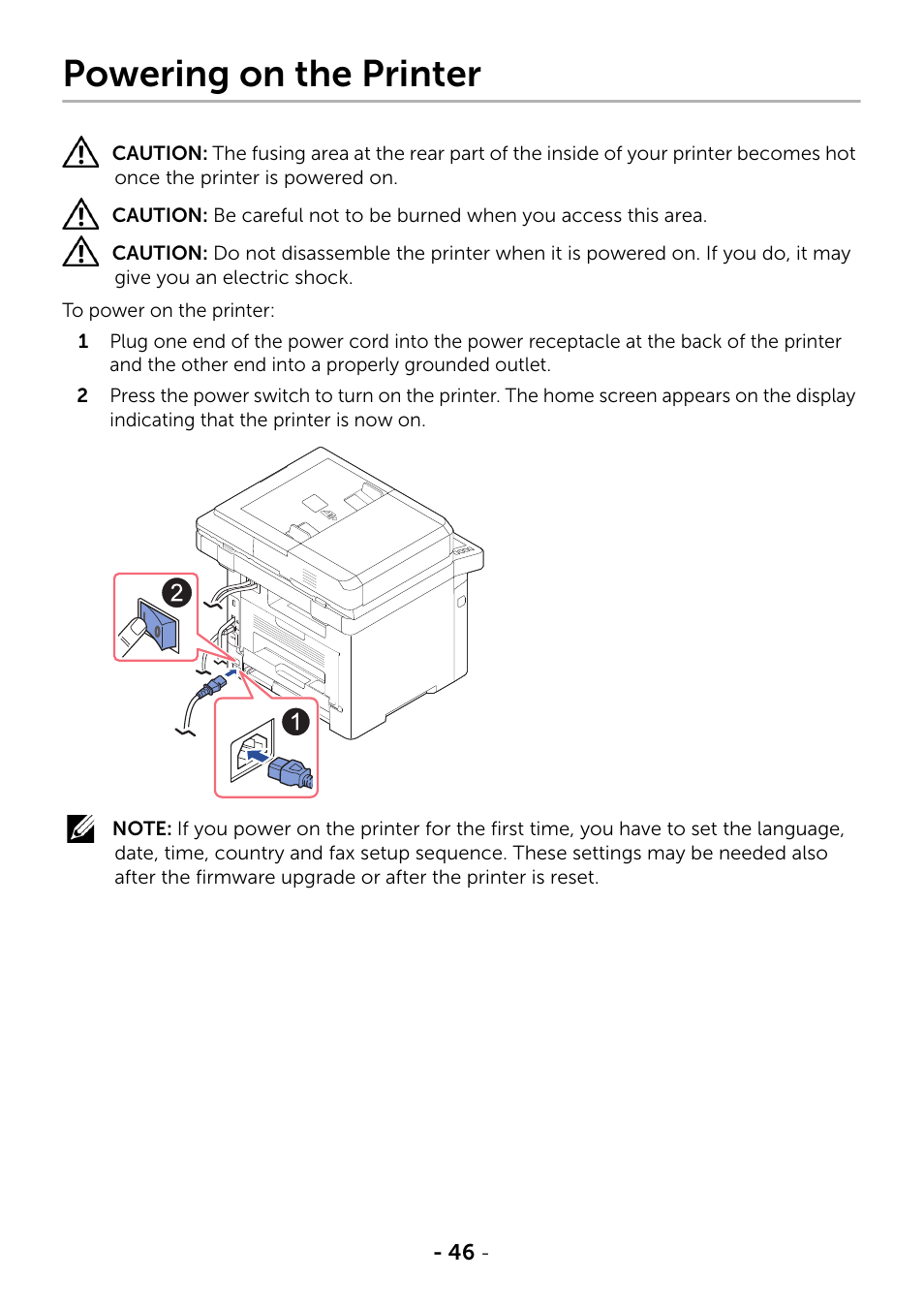 Powering on the printer | Dell B2375dfw Mono Multifunction Printer User Manual | Page 47 / 359