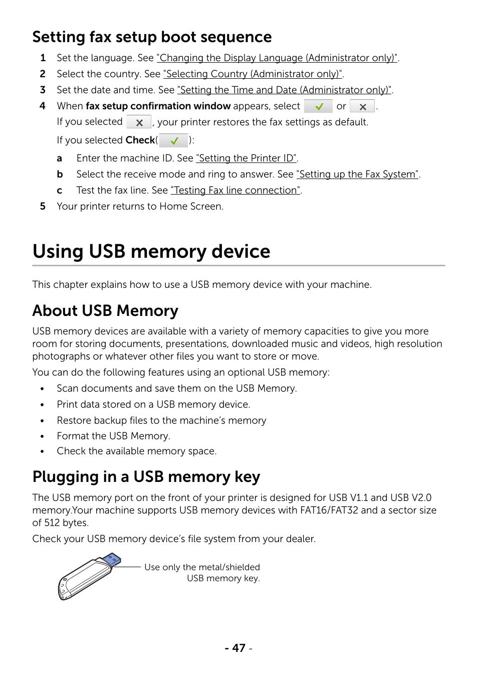 Setting fax setup boot sequence, Using usb memory device, About usb memory | Plugging in a usb memory key | Dell B2375dfw Mono Multifunction Printer User Manual | Page 48 / 359