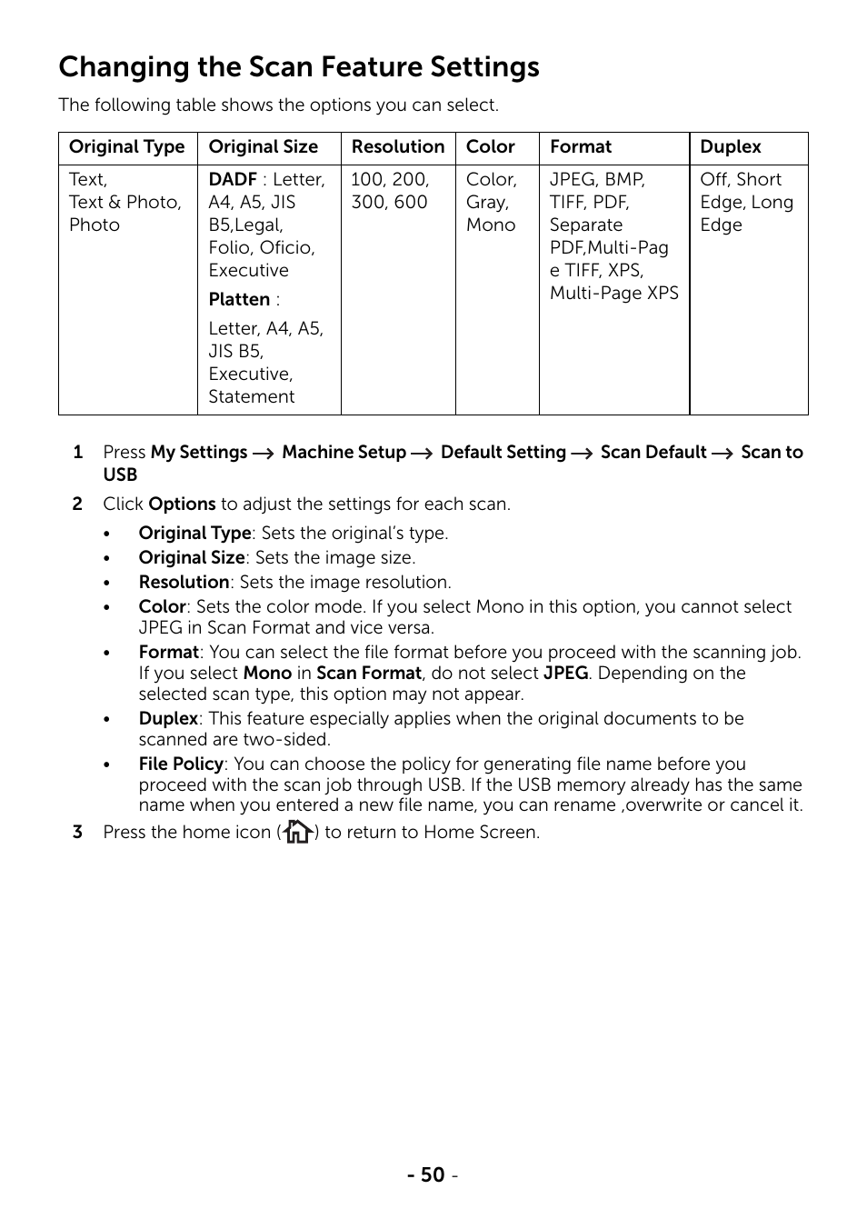 Changing the scan feature settings | Dell B2375dfw Mono Multifunction Printer User Manual | Page 51 / 359