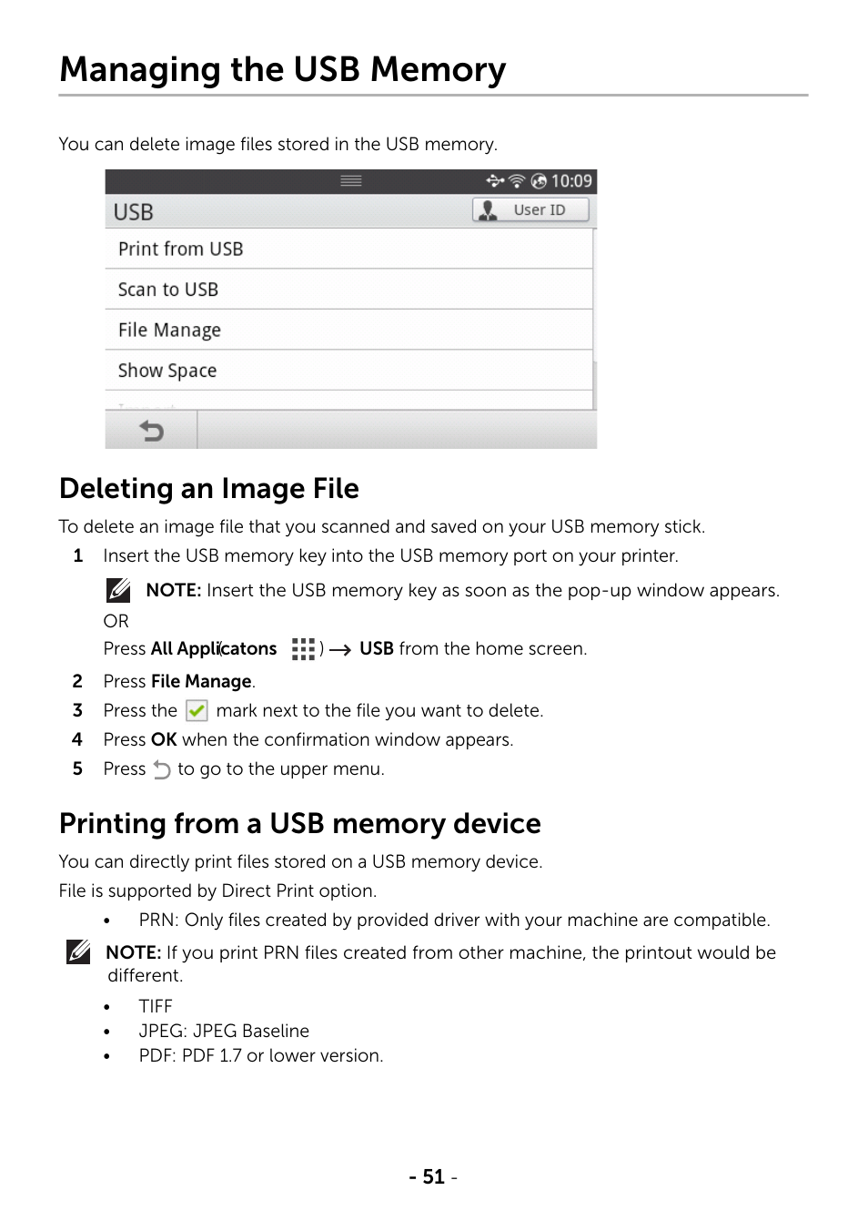 Managing the usb memory, Deleting an image file, Printing from a usb memory device | Dell B2375dfw Mono Multifunction Printer User Manual | Page 52 / 359