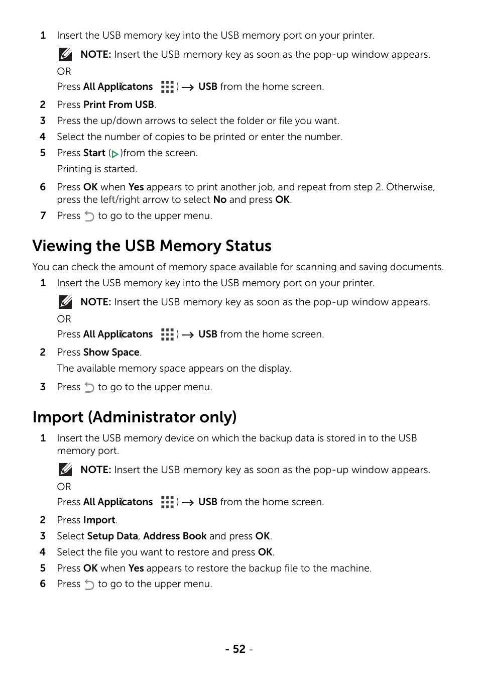 Viewing the usb memory status, Import (administrator only) | Dell B2375dfw Mono Multifunction Printer User Manual | Page 53 / 359