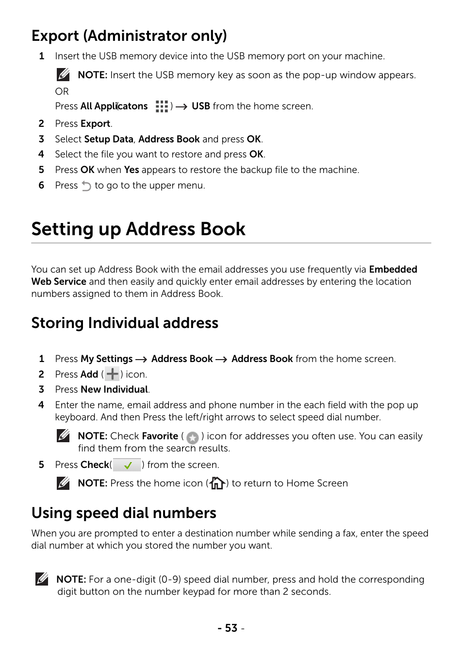 Export (administrator only), Setting up address book, Storing individual address | Using speed dial numbers | Dell B2375dfw Mono Multifunction Printer User Manual | Page 54 / 359