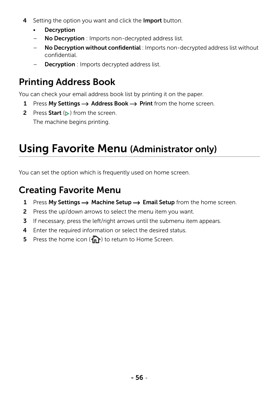 Printing address book, Using favorite menu (administrator only), Creating favorite menu | Using favorite menu, Administrator only) | Dell B2375dfw Mono Multifunction Printer User Manual | Page 57 / 359