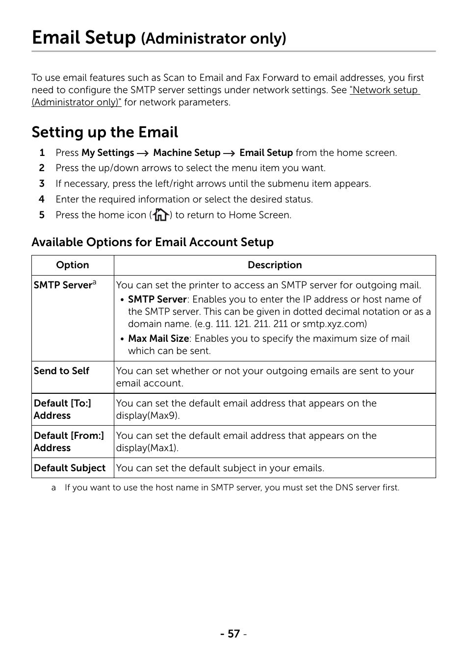 Email setup (administrator only), Setting up the email, Email setup | Administrator only) | Dell B2375dfw Mono Multifunction Printer User Manual | Page 58 / 359