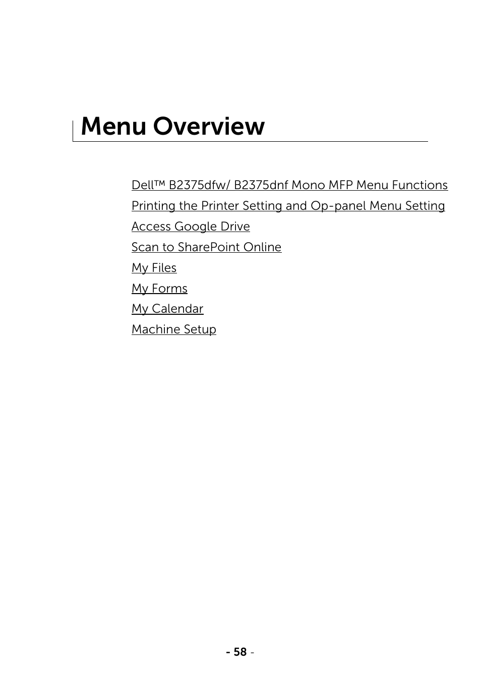 Menu overview | Dell B2375dfw Mono Multifunction Printer User Manual | Page 59 / 359