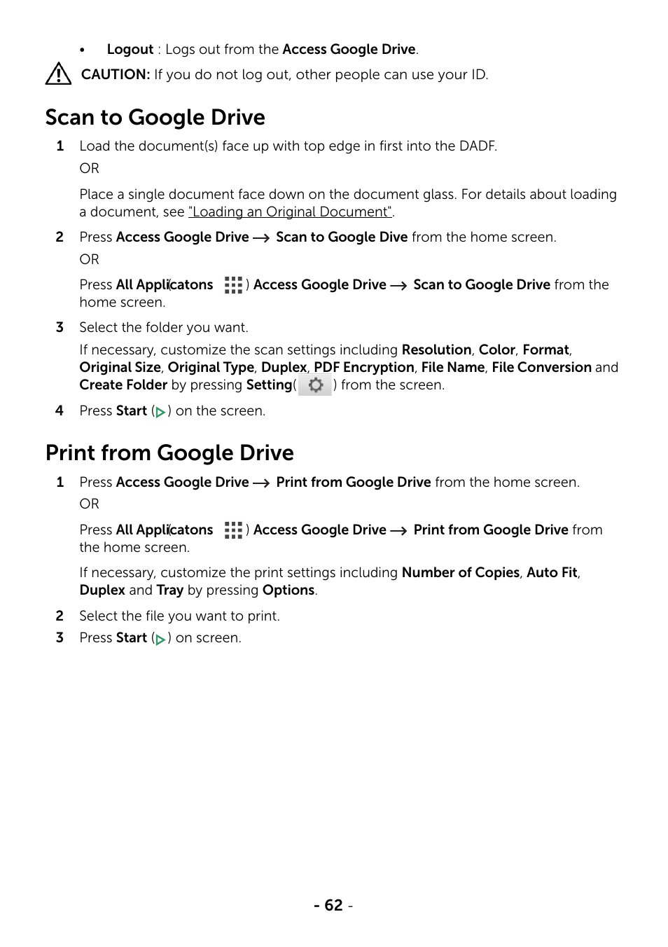 Scan to google drive, Print from google drive | Dell B2375dfw Mono Multifunction Printer User Manual | Page 63 / 359