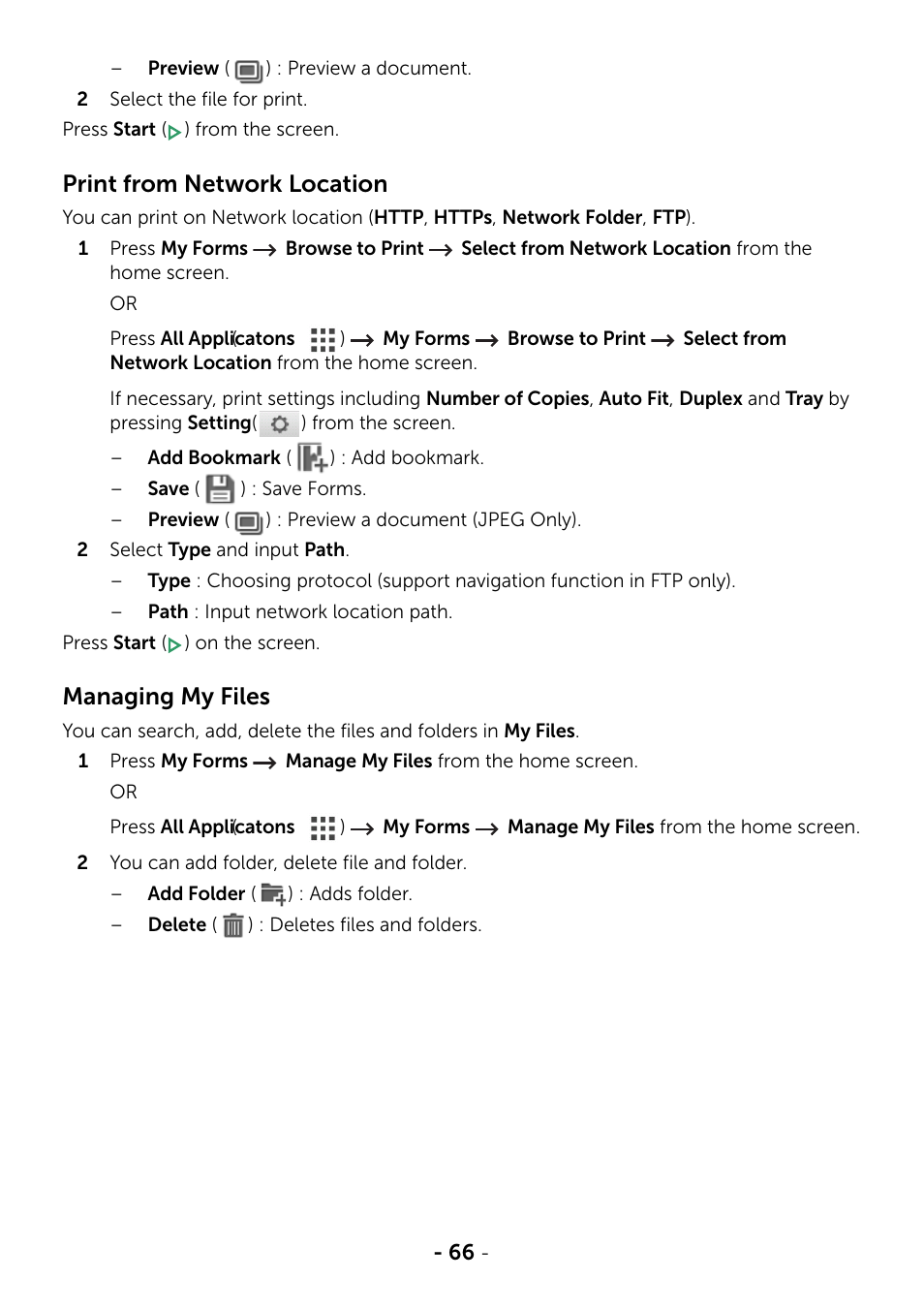 Print from network location, Managing my files | Dell B2375dfw Mono Multifunction Printer User Manual | Page 67 / 359