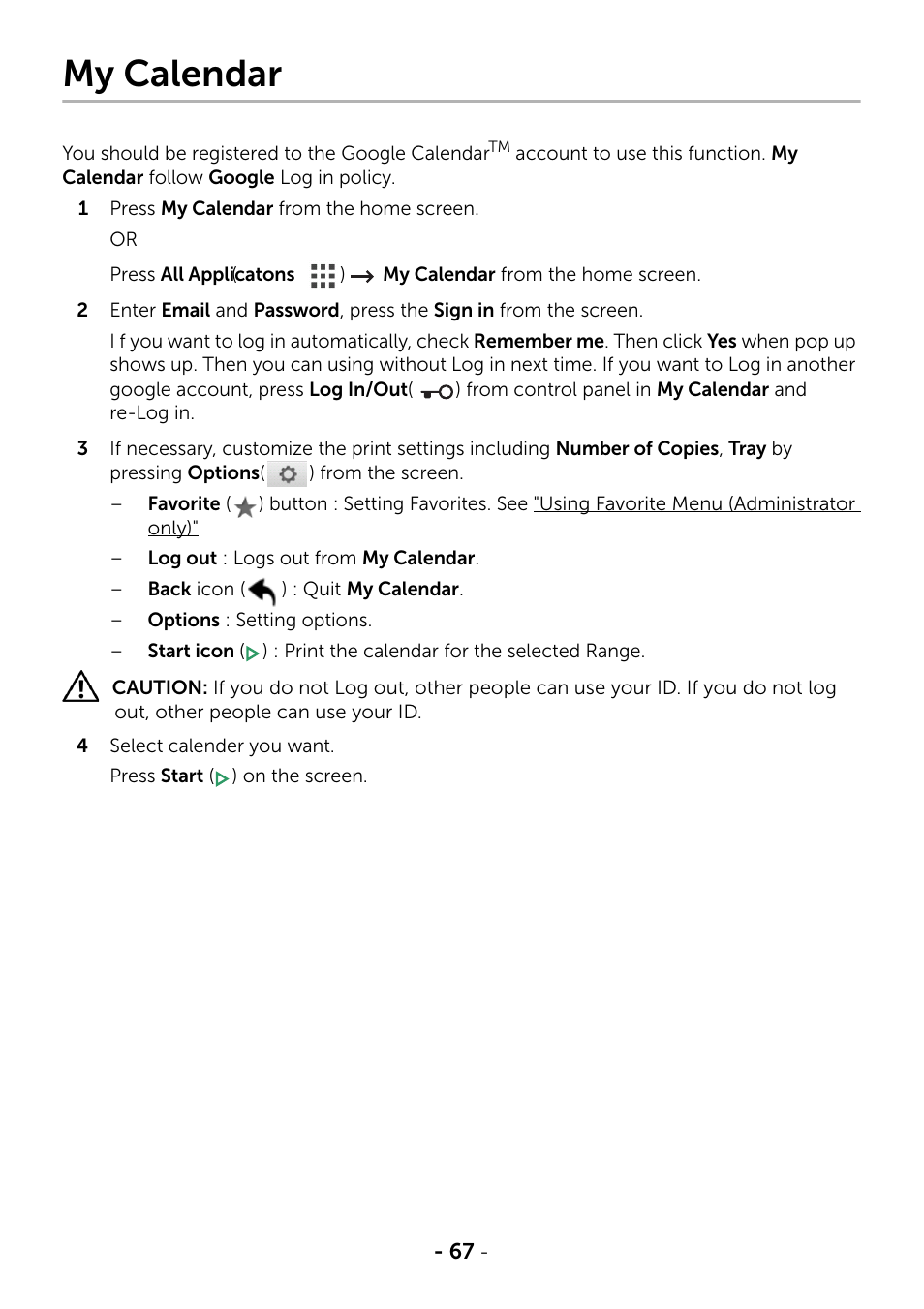 My calendar, Calendar | Dell B2375dfw Mono Multifunction Printer User Manual | Page 68 / 359