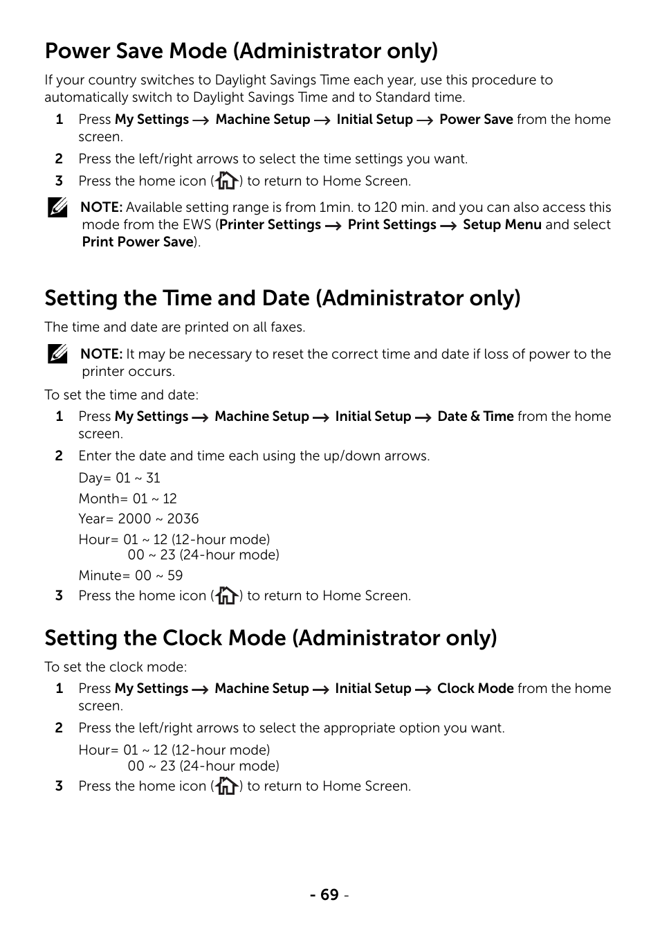 Power save mode (administrator only), Setting the time and date (administrator only), Setting the clock mode (administrator only) | Dell B2375dfw Mono Multifunction Printer User Manual | Page 70 / 359