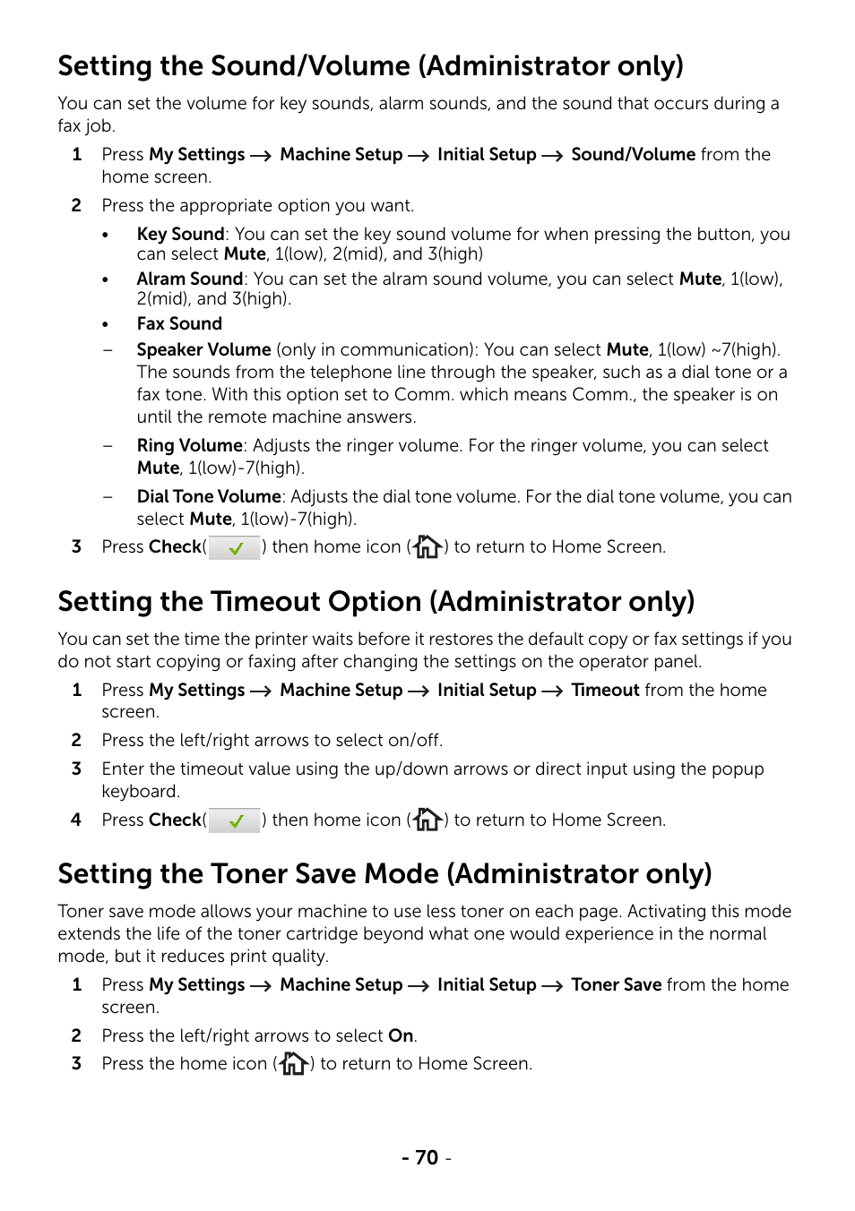 Setting the sound/volume (administrator only), Setting the timeout option (administrator only), Setting the toner save mode (administrator only) | Dell B2375dfw Mono Multifunction Printer User Manual | Page 71 / 359