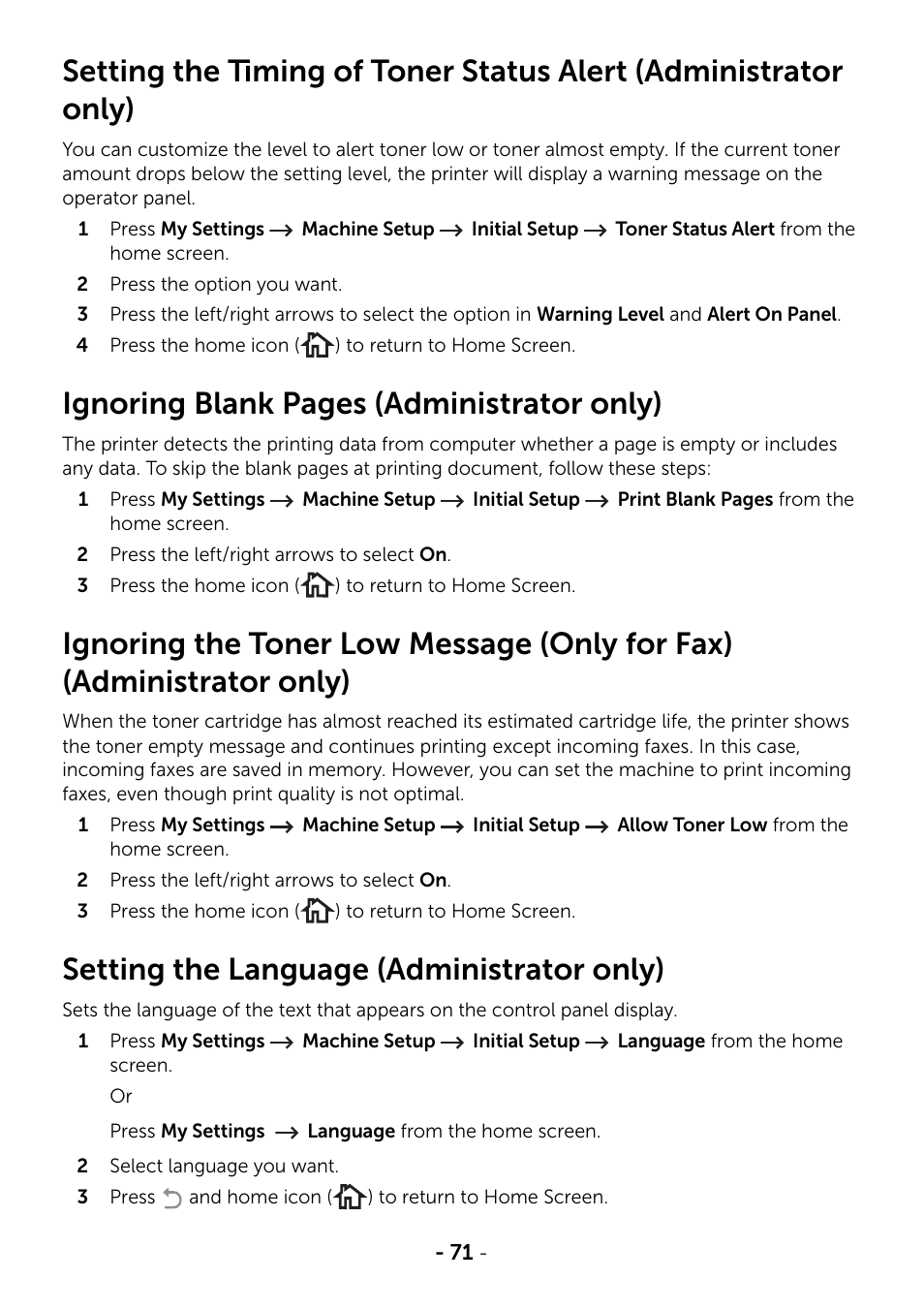 Setting the language (administrator only), Ignoring blank pages (administrator only) | Dell B2375dfw Mono Multifunction Printer User Manual | Page 72 / 359