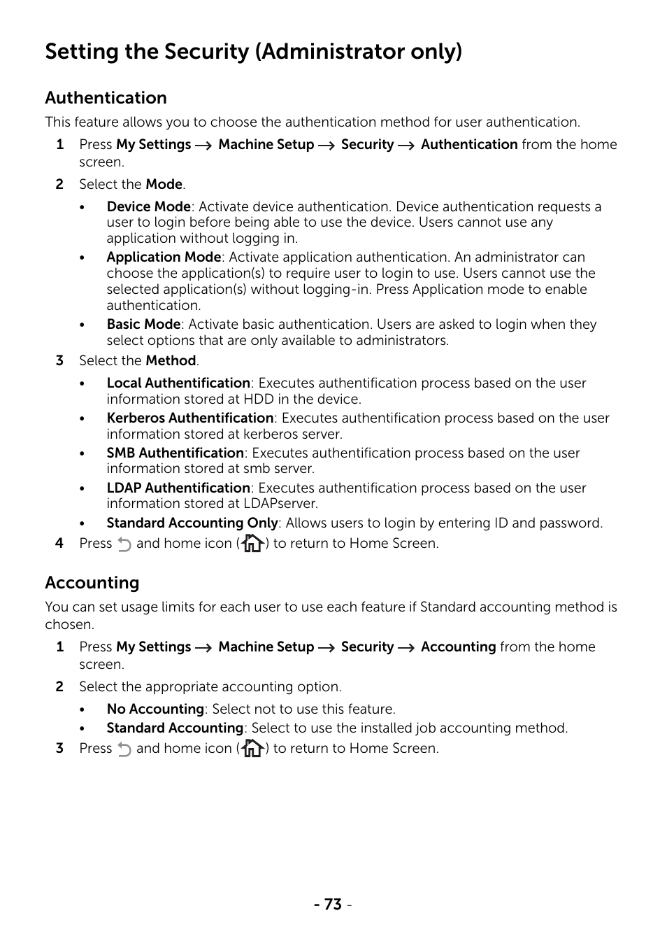 Setting the security (administrator only), Authentication, Accounting | Dell B2375dfw Mono Multifunction Printer User Manual | Page 74 / 359