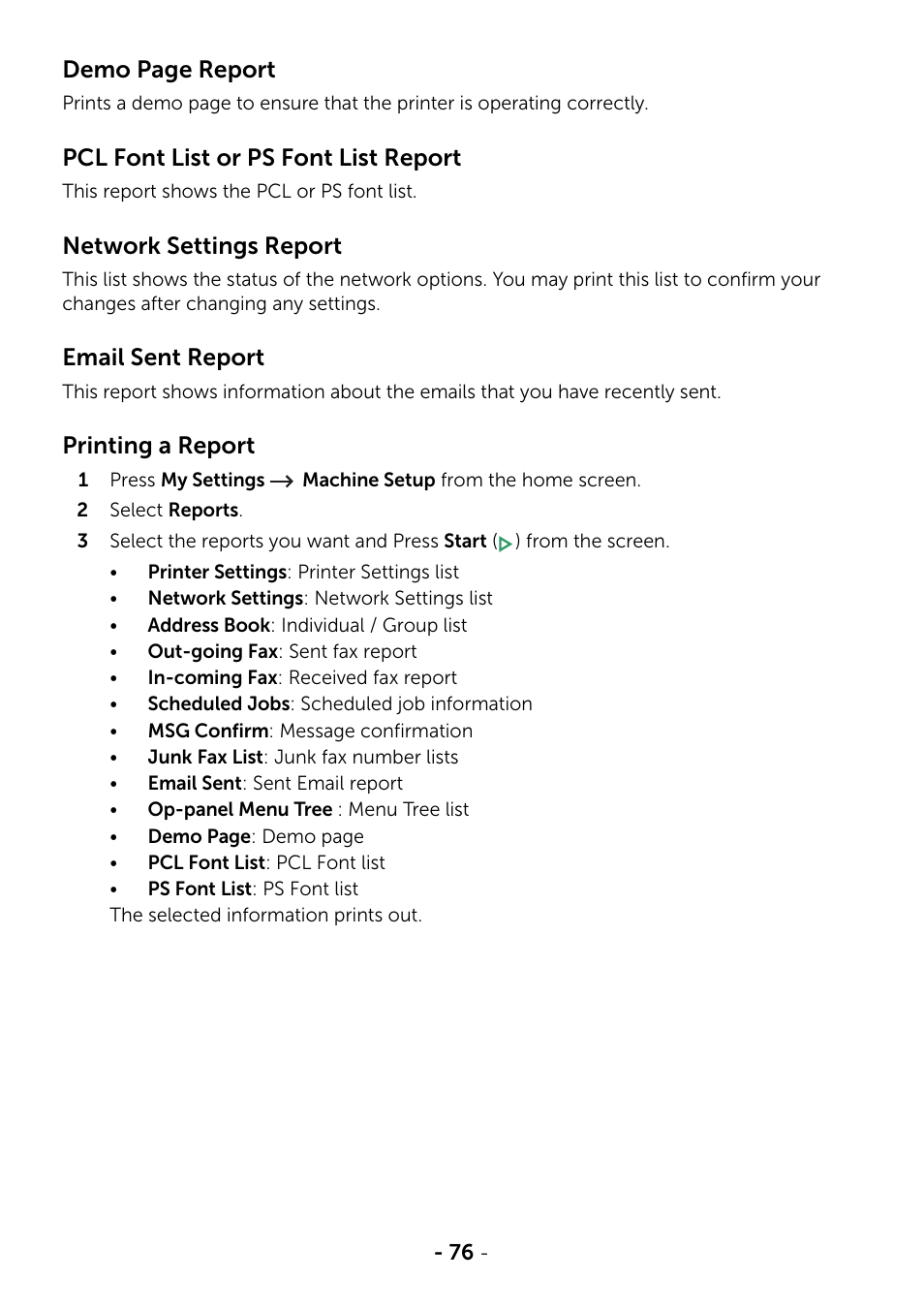 Demo page report, Pcl font list or ps font list report, Network settings report | Email sent report, Printing a report | Dell B2375dfw Mono Multifunction Printer User Manual | Page 77 / 359