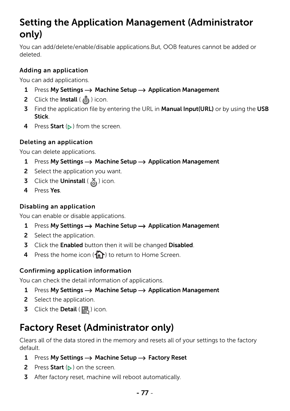 Factory reset (administrator only) | Dell B2375dfw Mono Multifunction Printer User Manual | Page 78 / 359