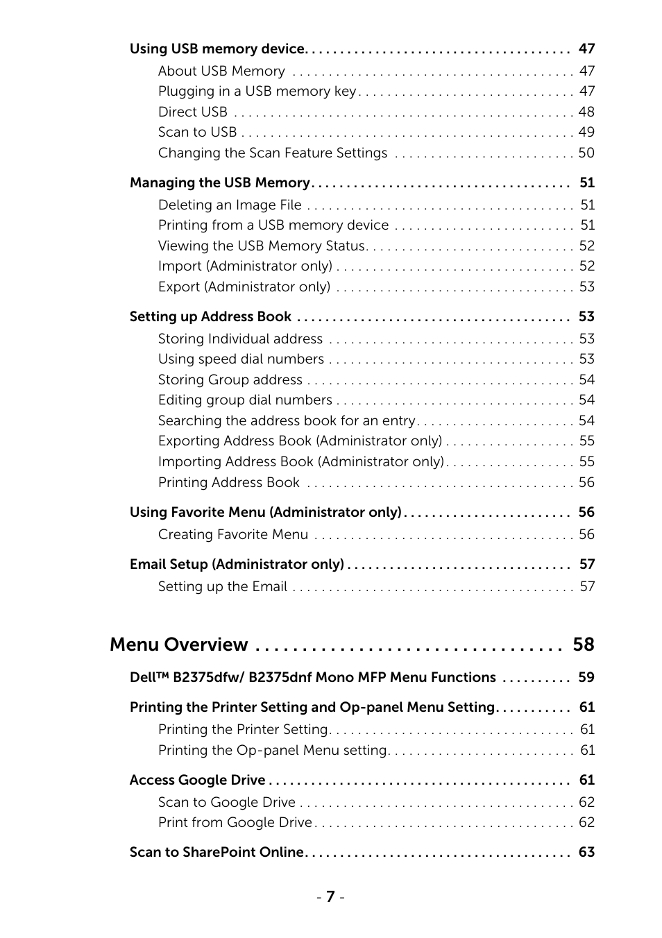 Menu overview | Dell B2375dfw Mono Multifunction Printer User Manual | Page 8 / 359