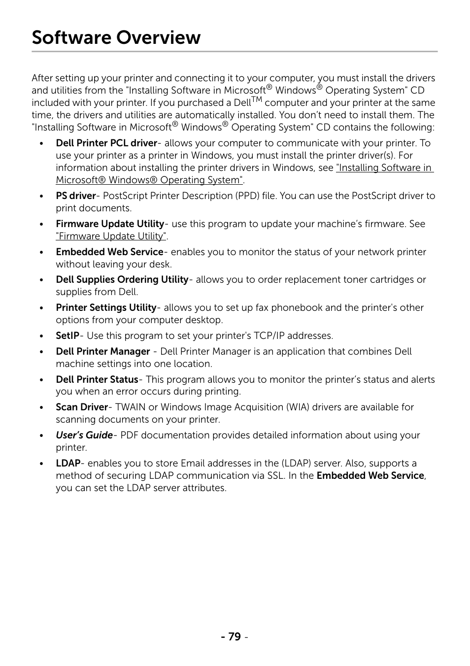 Software overview | Dell B2375dfw Mono Multifunction Printer User Manual | Page 80 / 359