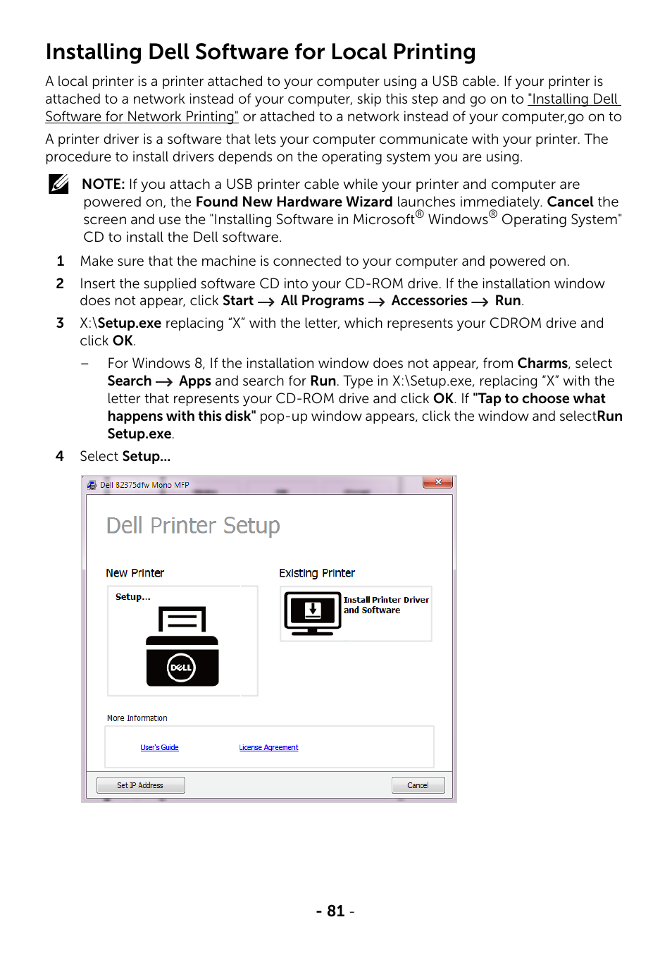 Installing dell software for local printing | Dell B2375dfw Mono Multifunction Printer User Manual | Page 82 / 359