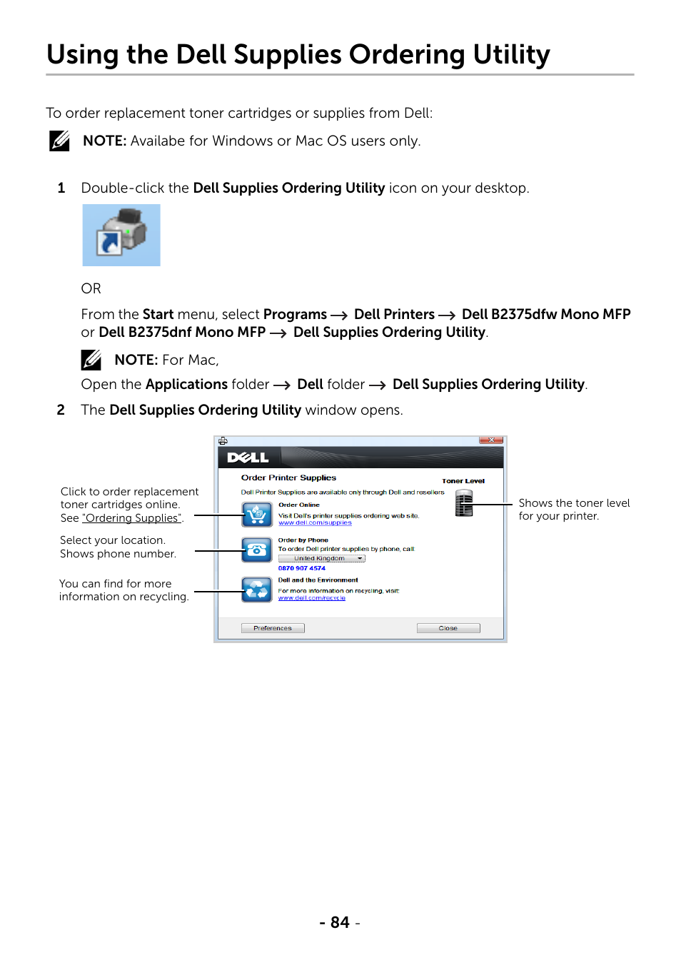 Using the dell supplies ordering utility | Dell B2375dfw Mono Multifunction Printer User Manual | Page 85 / 359