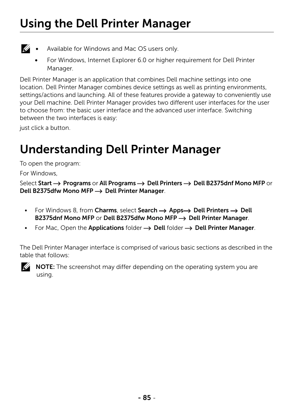 Using the dell printer manager, Understanding dell printer manager | Dell B2375dfw Mono Multifunction Printer User Manual | Page 86 / 359