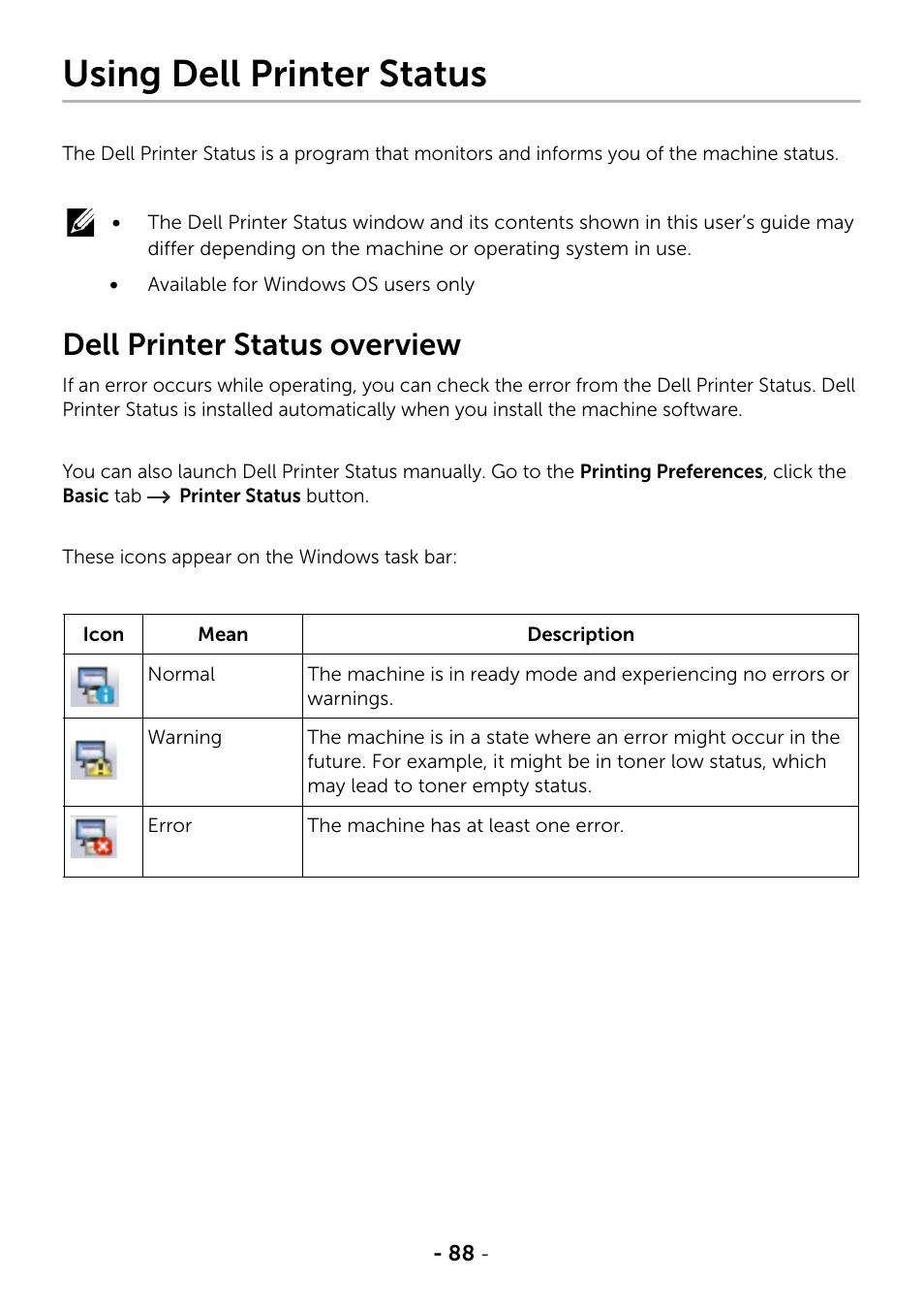 Using dell printer status, Dell printer status overview | Dell B2375dfw Mono Multifunction Printer User Manual | Page 89 / 359