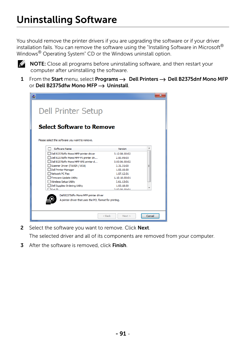 Uninstalling software | Dell B2375dfw Mono Multifunction Printer User Manual | Page 92 / 359