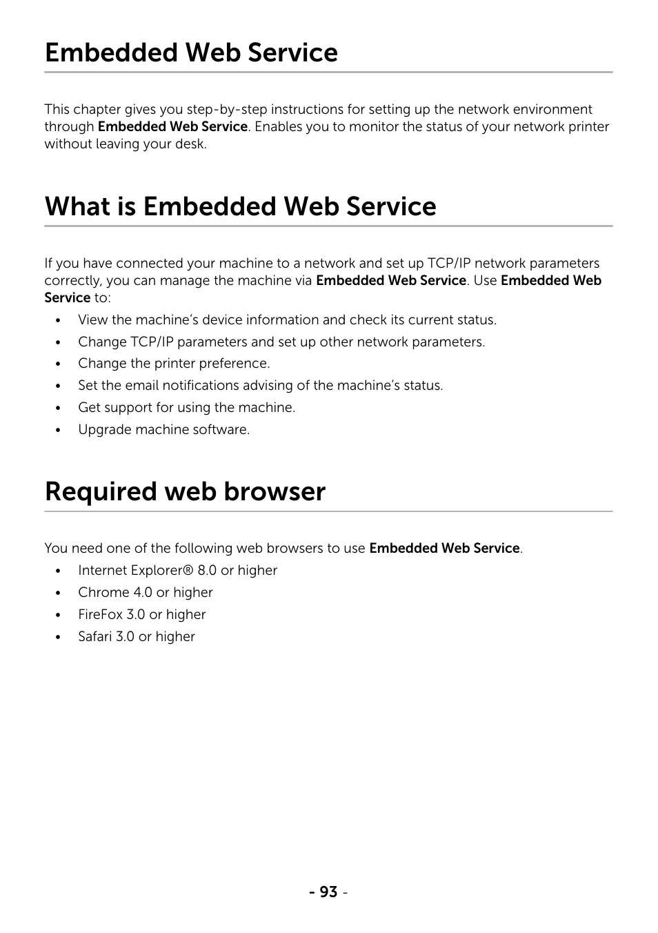 Embedded web service, What is embedded web service, Required web browser | Dell B2375dfw Mono Multifunction Printer User Manual | Page 94 / 359