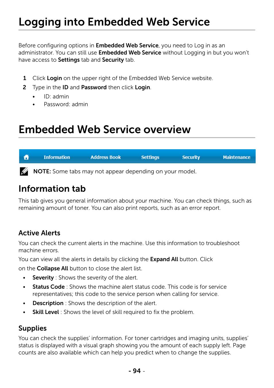 Logging into embedded web service, Embedded web service overview, Information tab | Dell B2375dfw Mono Multifunction Printer User Manual | Page 95 / 359