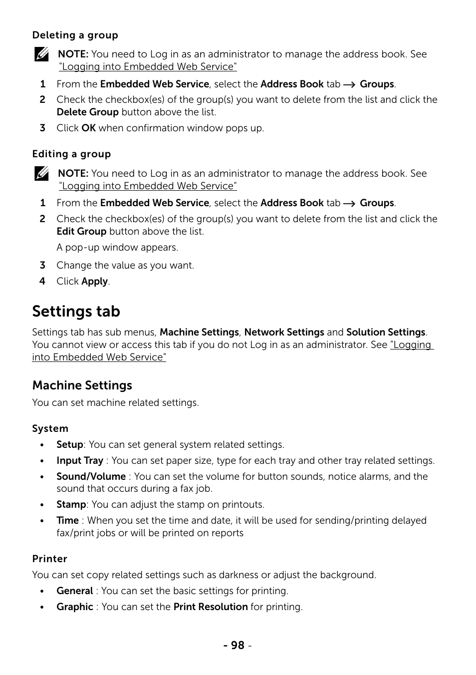 Settings tab, Machine settings | Dell B2375dfw Mono Multifunction Printer User Manual | Page 99 / 359