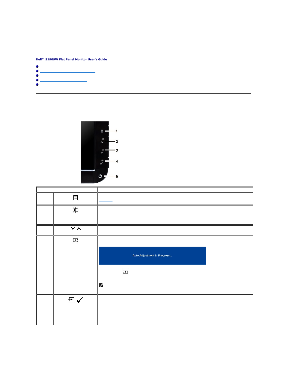 Operating the monitor, Using the front panel | Dell S1909WFP Monitor User Manual | Page 13 / 31