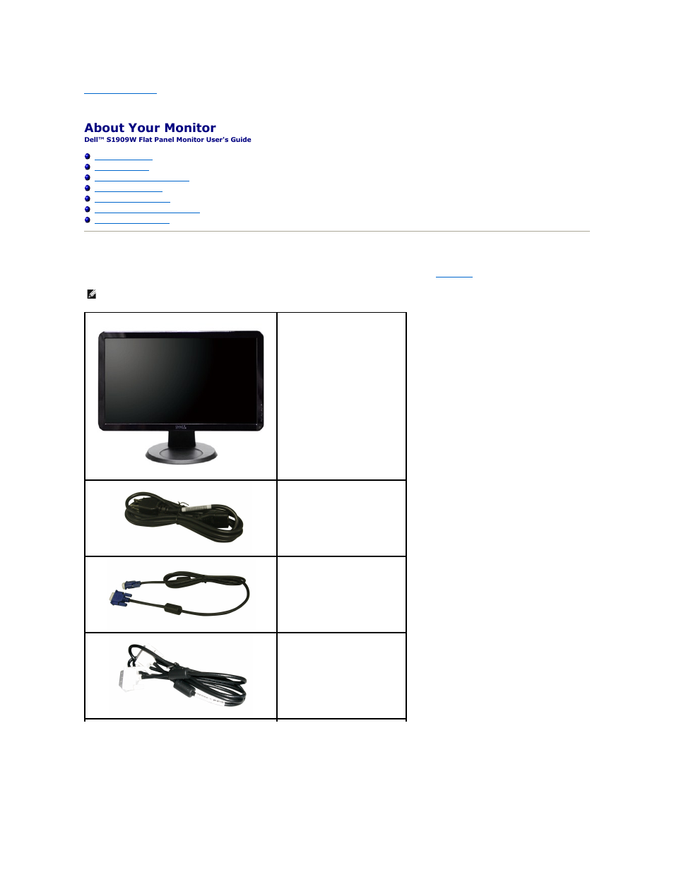 About your monitor, Package contents | Dell S1909WFP Monitor User Manual | Page 2 / 31