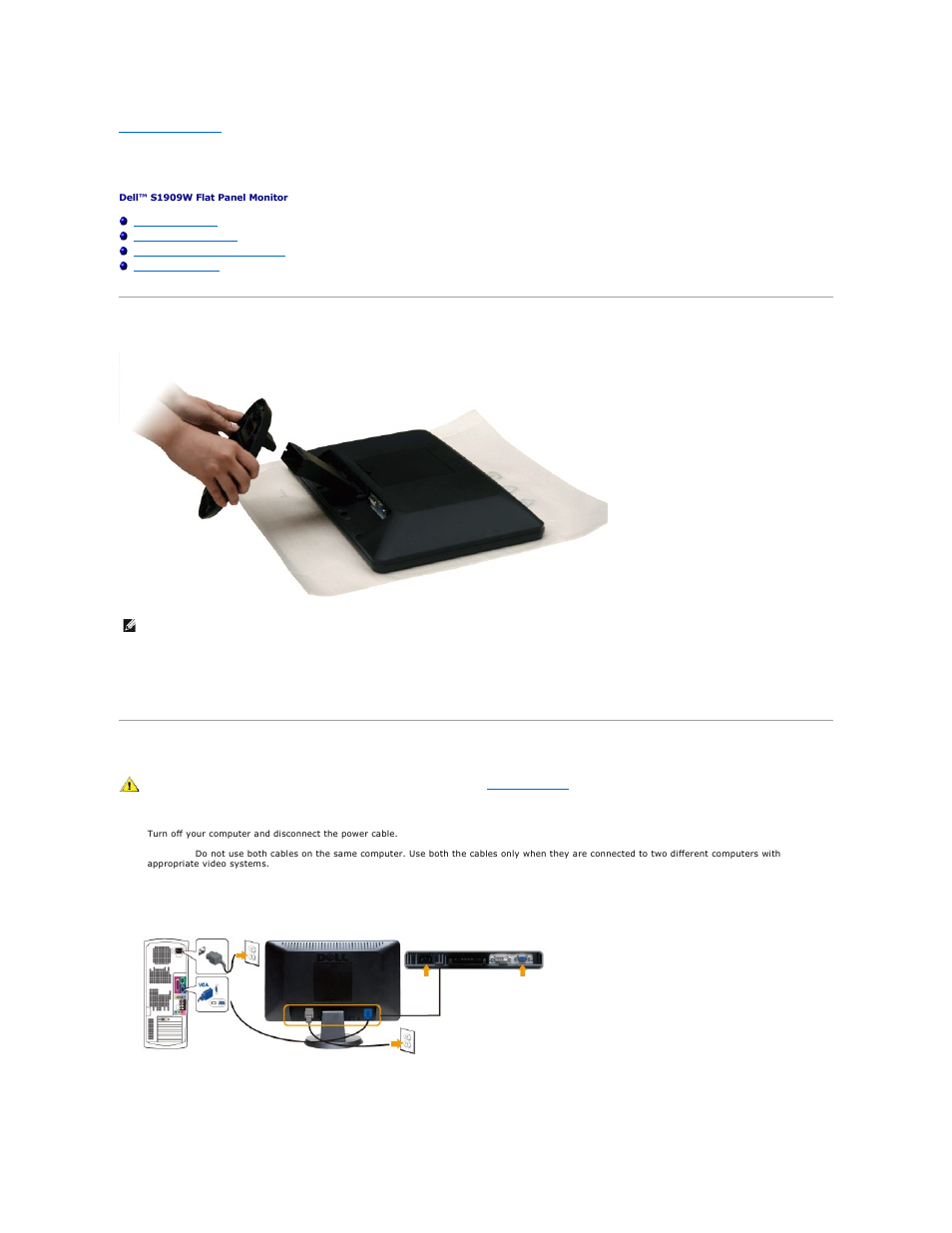 Setting up the monitor, Attaching the base, Connecting your monitor | Connecting the blue vga cable, Connecting the white dvi cable (optional) | Dell S1909WFP Monitor User Manual | Page 26 / 31