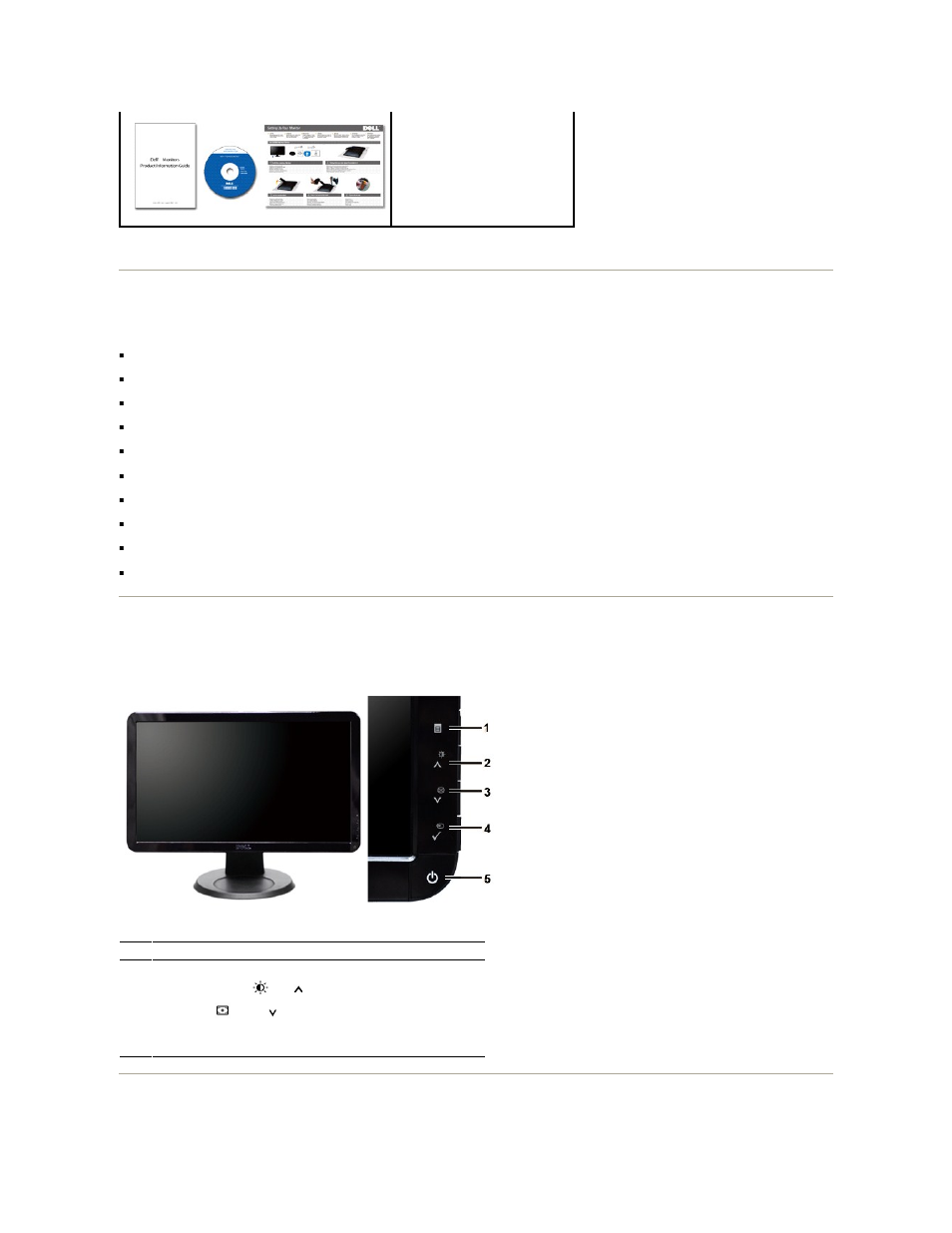 Product features, Identifying parts and controls, Identifying parts and features front view | Back view | Dell S1909WFP Monitor User Manual | Page 3 / 31