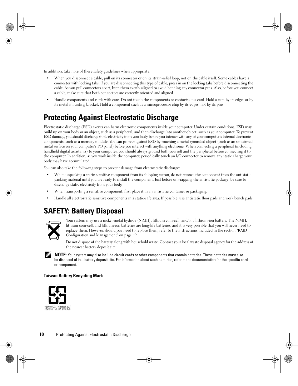 Protecting against electrostatic discharge, Safety: battery disposal | Dell PowerEdge RAID Controller 5i User Manual | Page 12 / 112