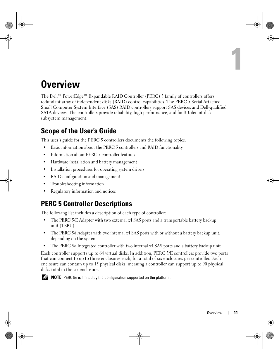 Overview, Scope of the user’s guide, Perc 5 controller descriptions | Dell PowerEdge RAID Controller 5i User Manual | Page 13 / 112