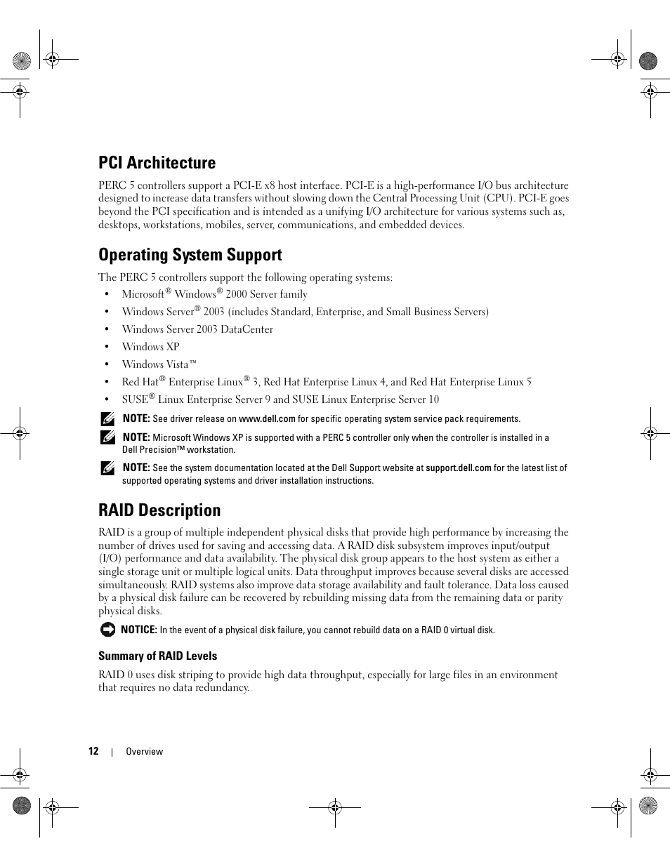 Pci architecture, Operating system support, Raid description | Summary of raid levels | Dell PowerEdge RAID Controller 5i User Manual | Page 14 / 112