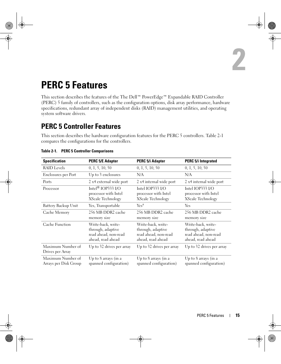 Perc 5 features, Perc 5 controller features | Dell PowerEdge RAID Controller 5i User Manual | Page 17 / 112