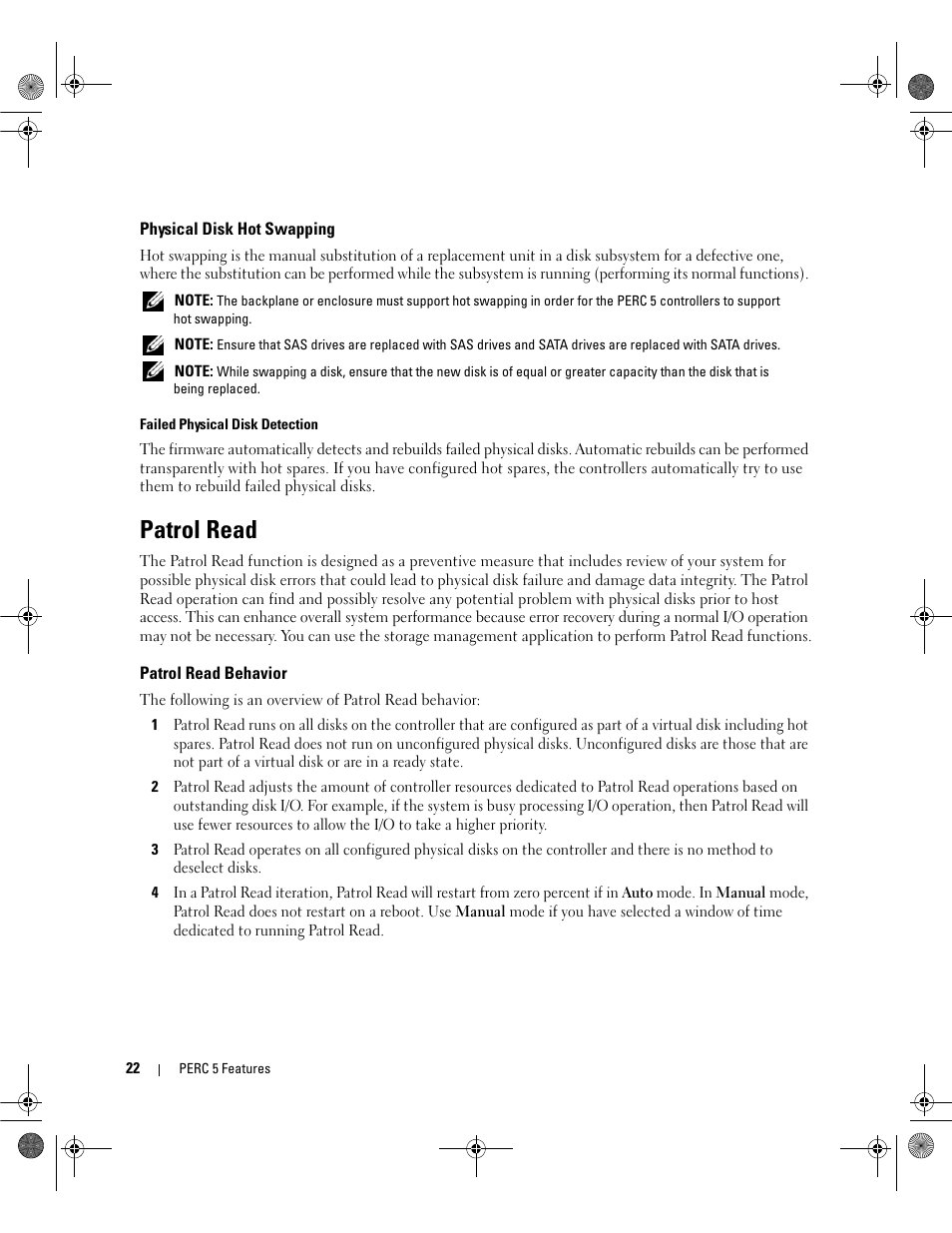 Physical disk hot swapping, Patrol read, Patrol read behavior | Dell PowerEdge RAID Controller 5i User Manual | Page 24 / 112