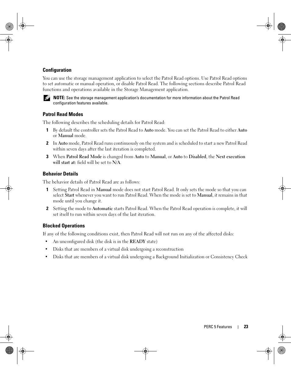 Configuration, Patrol read modes, Behavior details | Blocked operations | Dell PowerEdge RAID Controller 5i User Manual | Page 25 / 112