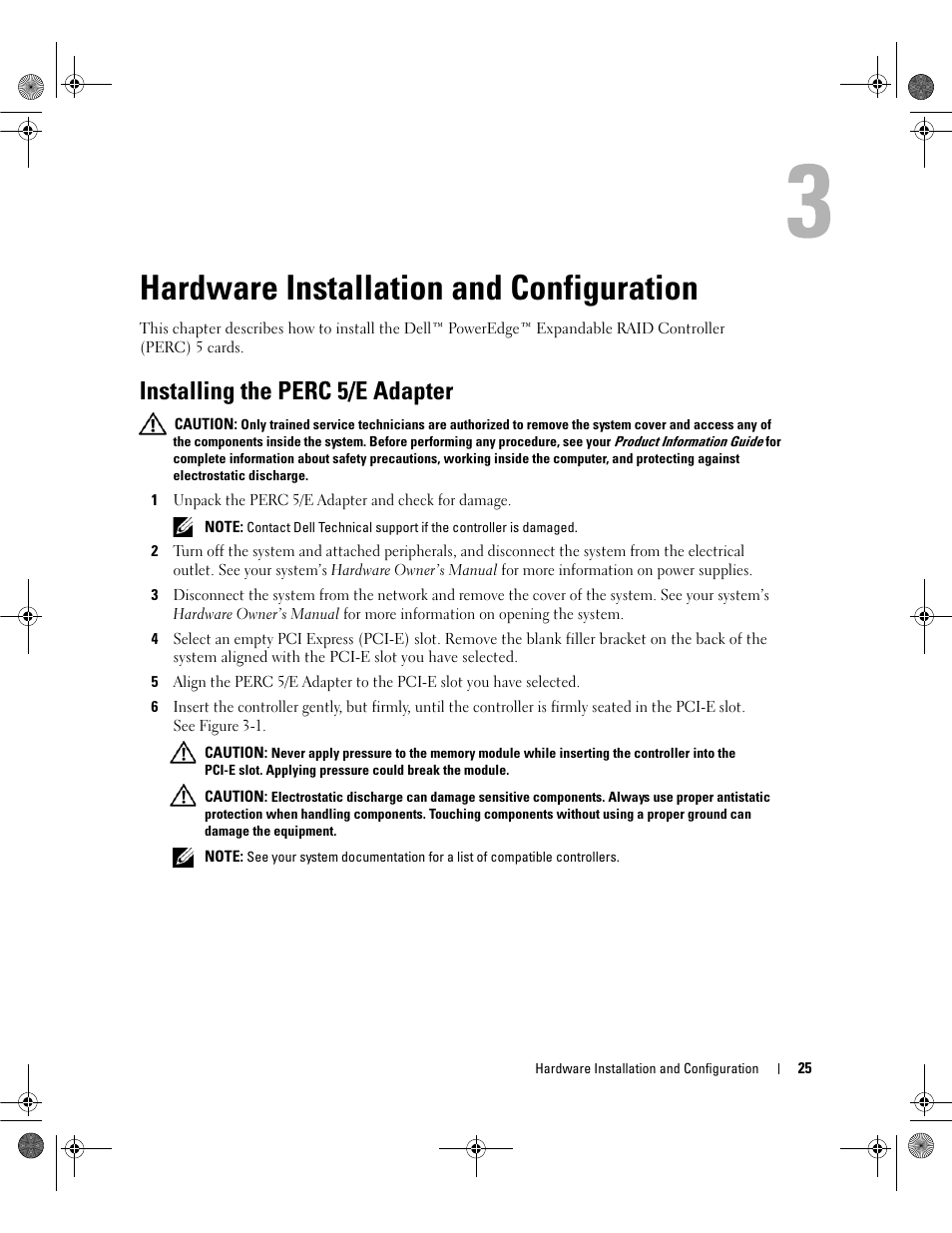 Hardware installation and configuration, Installing the perc 5/e adapter | Dell PowerEdge RAID Controller 5i User Manual | Page 27 / 112