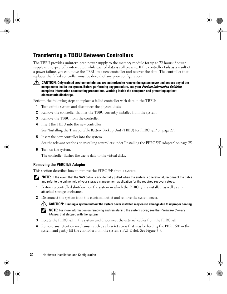 Transferring a tbbu between controllers, Removing the perc 5/e adapter | Dell PowerEdge RAID Controller 5i User Manual | Page 32 / 112